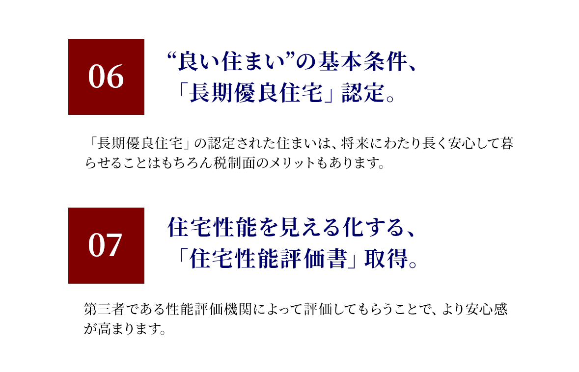 06 “良い住まい”の基本条件、「長期優良住宅」認定。07 住宅性能を見える化する、「住宅性能評価書」取得。