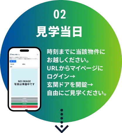 02 見学当日 時刻までに当該物件にお越しください。URLからマイページにログイン→玄関ドアを開錠→自由にご見学ください。