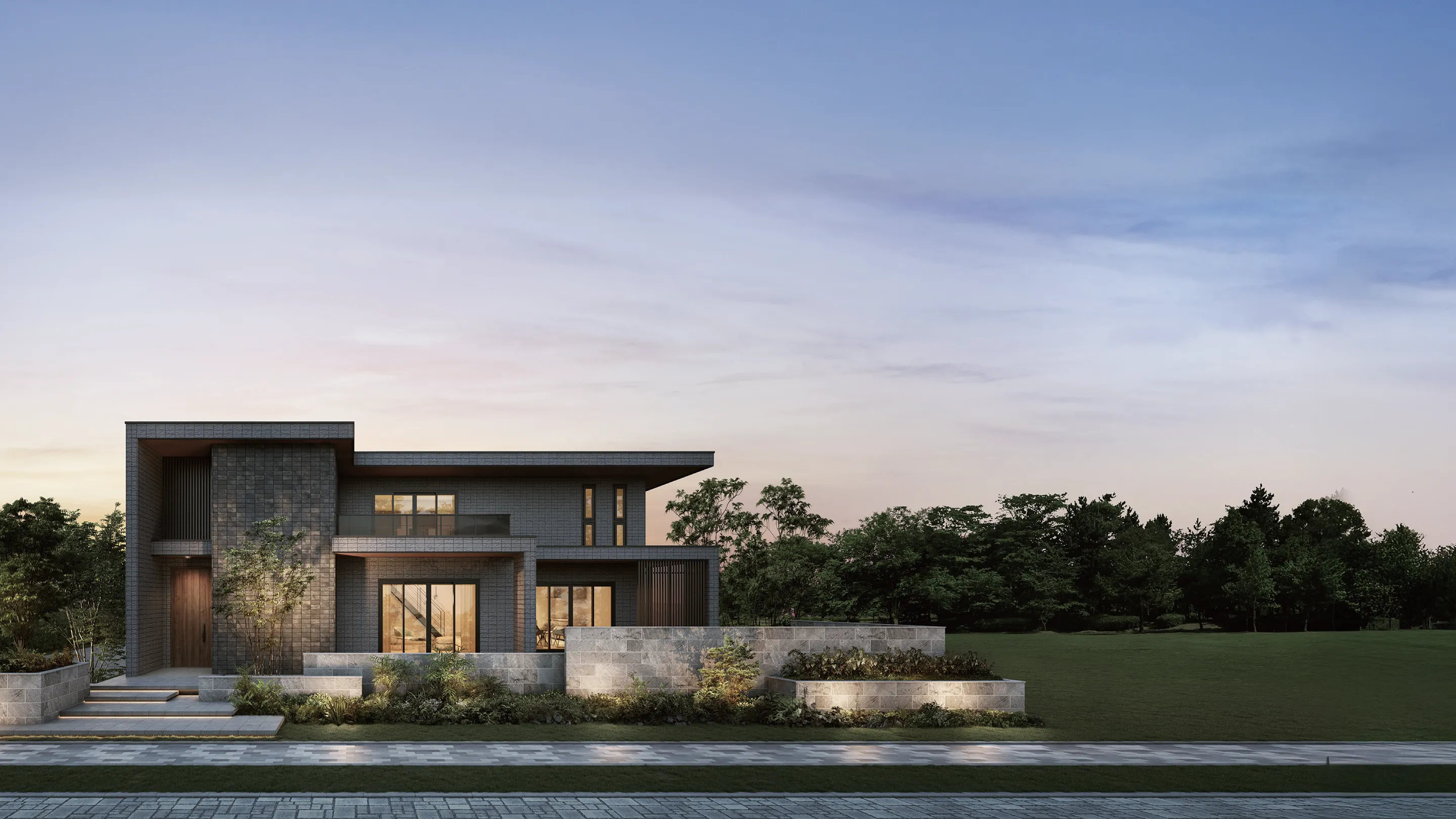 モダンデザインな外観（夕景）