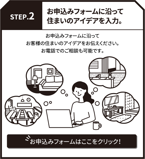 STEP.2　申込みフォームに沿って住まいのアイデアを入力。お申込みフォームに沿ってお客様の住まいのアイデアをお伝えください。お電話やWeb会議システムでのご相談も可能です。