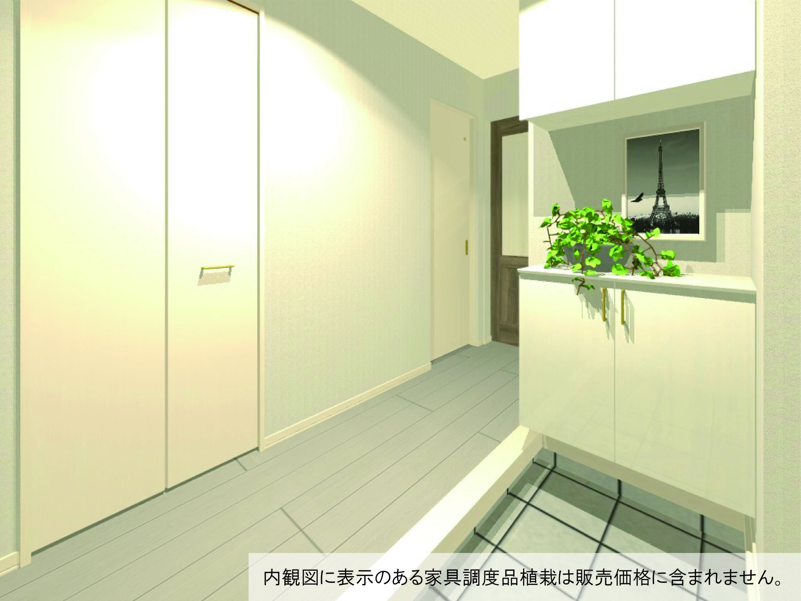 玄関は収納カウンター付きです。（完成予想内観パース）