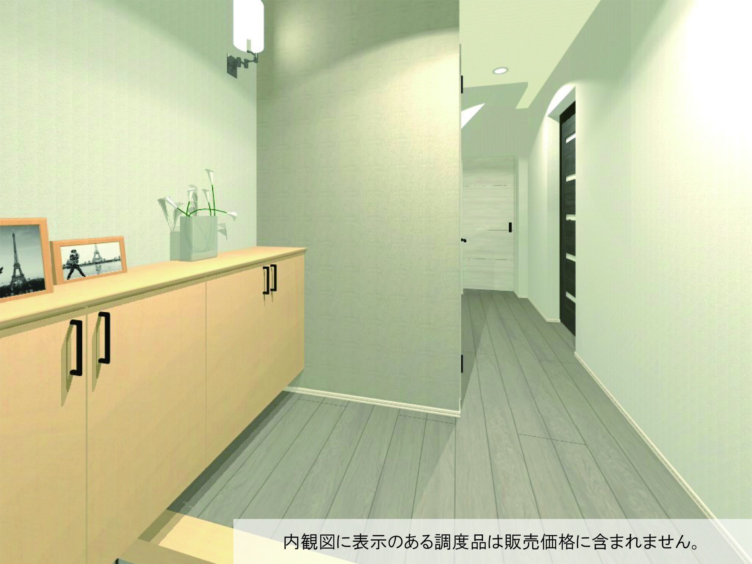 収納カウンター付きの玄関です。（完成予想内観パース）