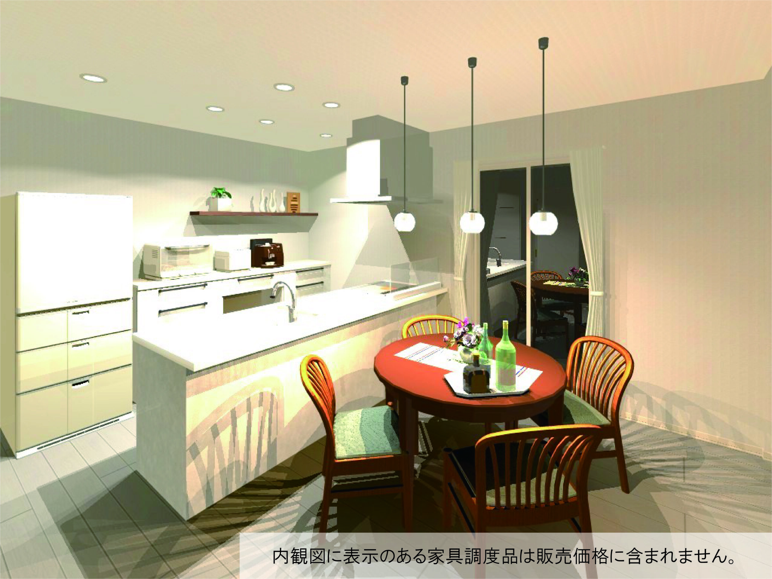 使い勝手のいいキッチンです。（完成予想内観パース）