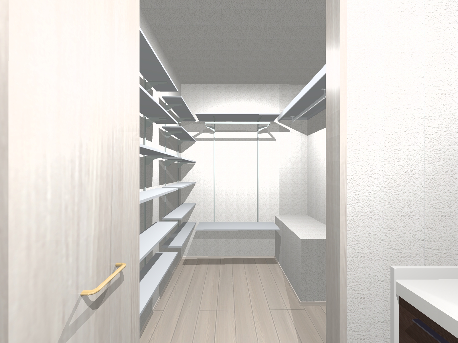 洗面横にWICを設けました。（完成予想内観パース）