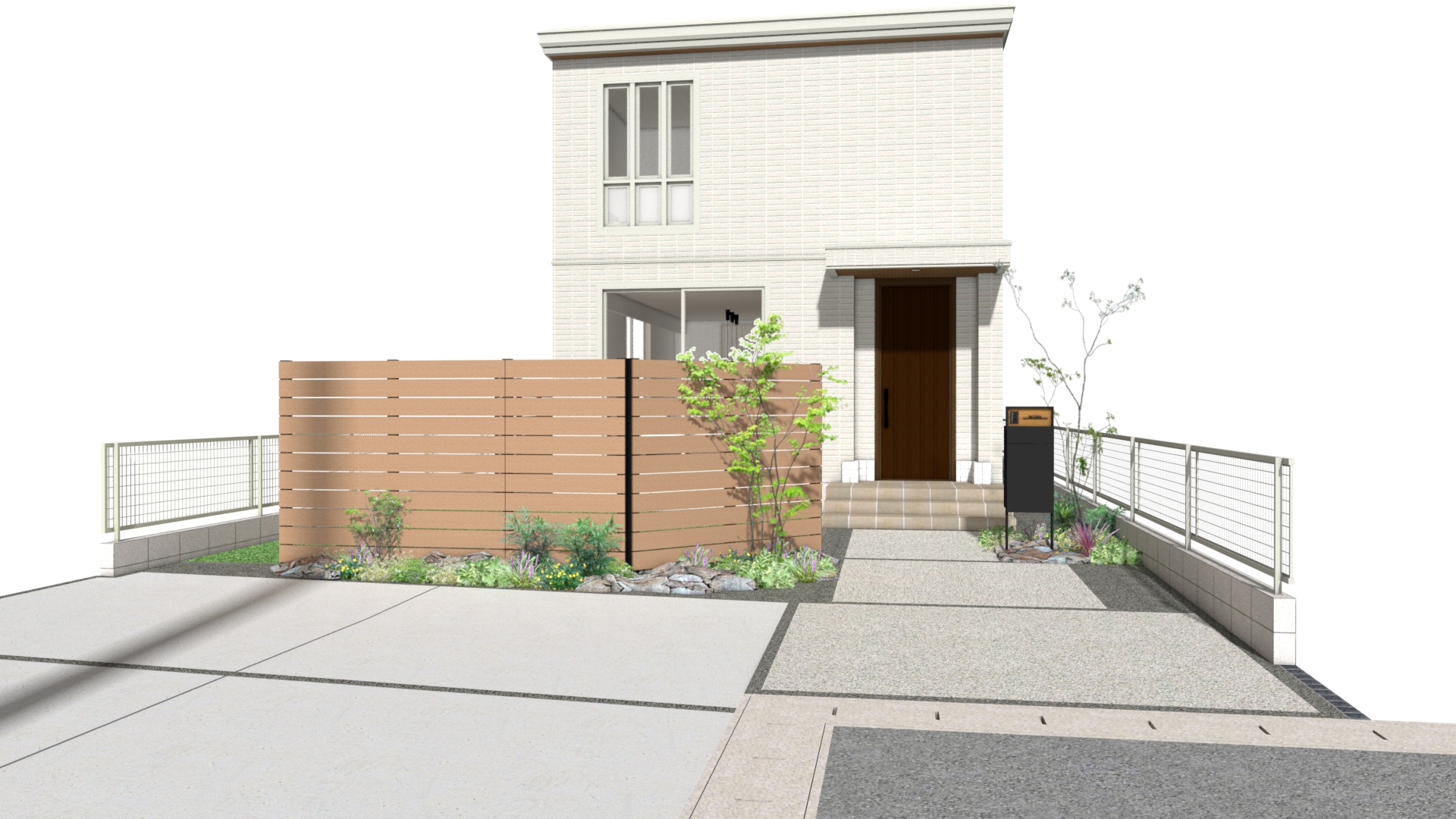 【3号地完成予定図】白のタイル外壁が映える洗練されたデザイン