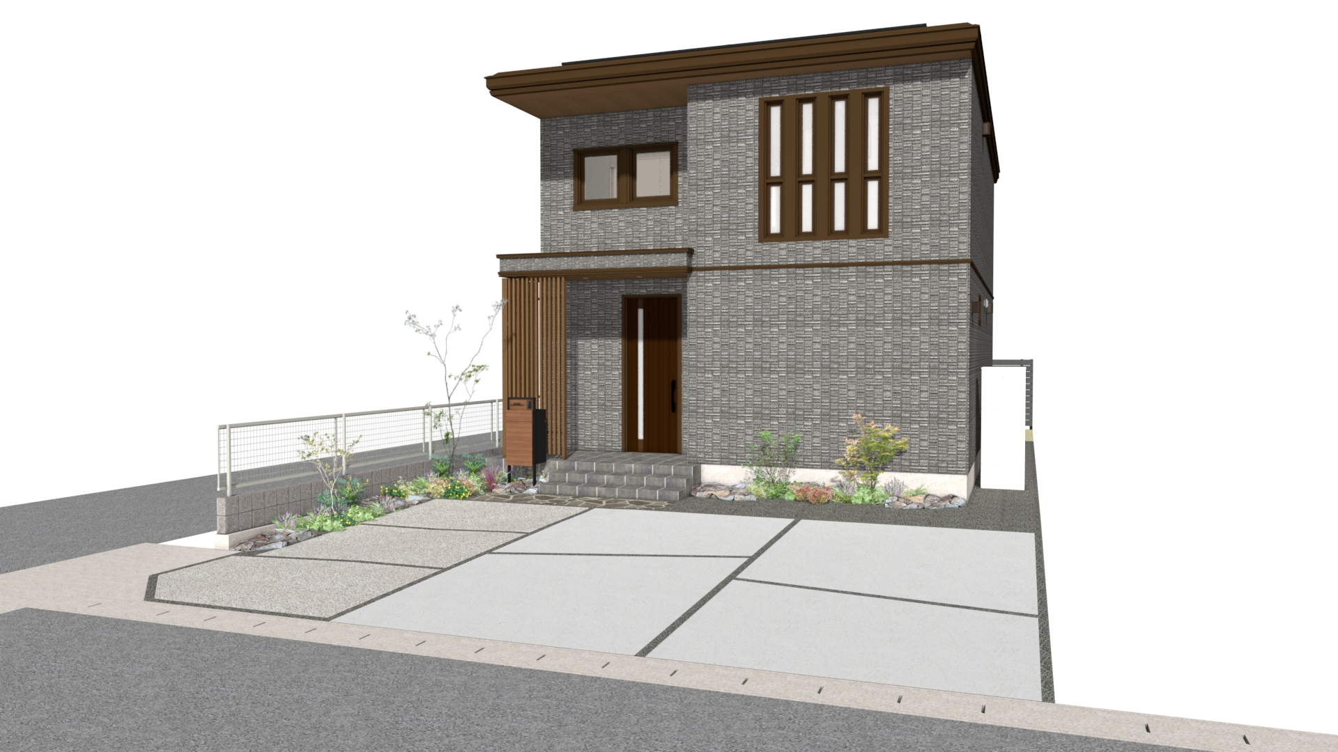 【6号地完成予定図】木目の庇と黒の外壁の陰影が美しいデザイン