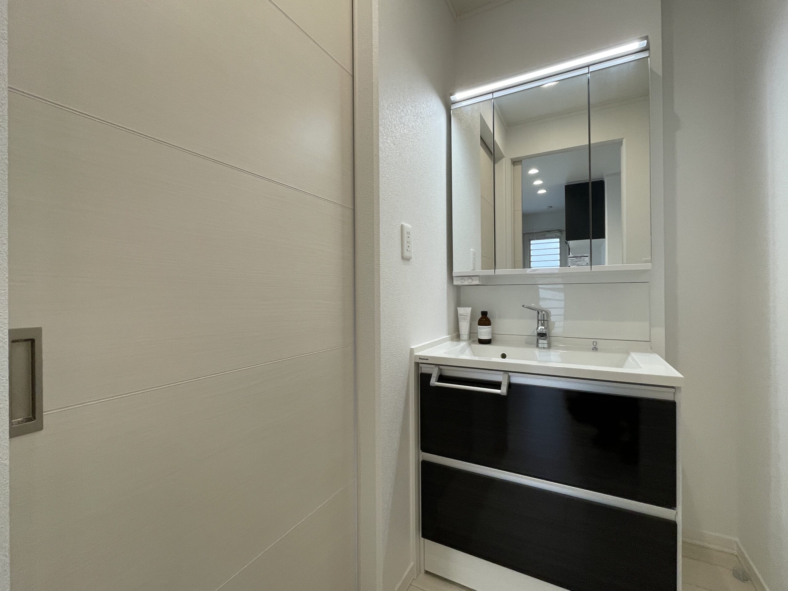 脱衣室と区切られた広々とした洗面化粧台。