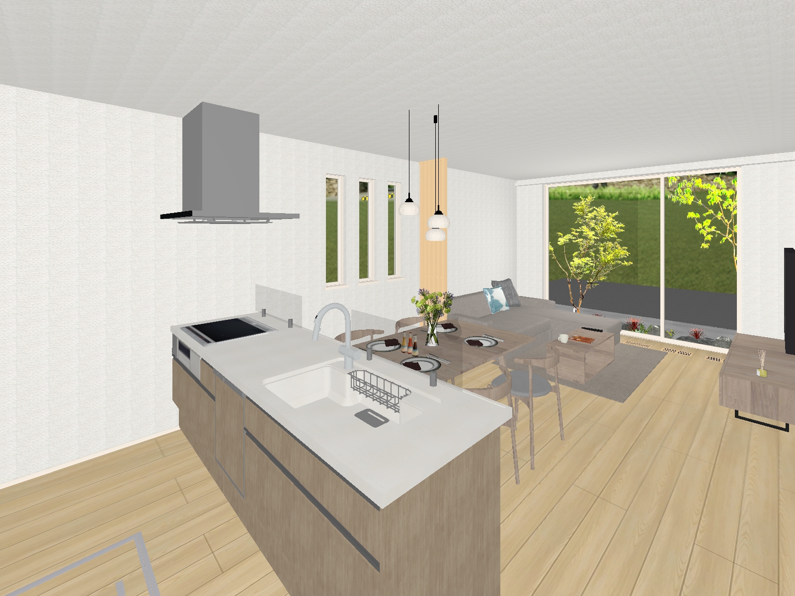 【LDK完成予想パース】南側の開放感が魅力的な空間です。