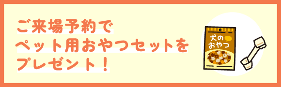 ご来場予約でペット用おやつセットをプレゼント！