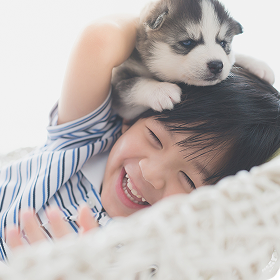 横向きに寝転んで、犬を顔の上に乗せて笑顔の男の子の写真