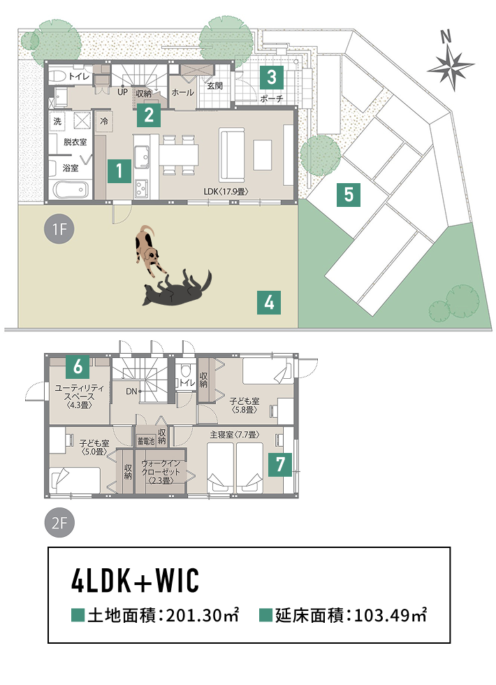 間取り図 4LDK+WIC 土地面積201.30㎡、延べ床面積:103.49㎡