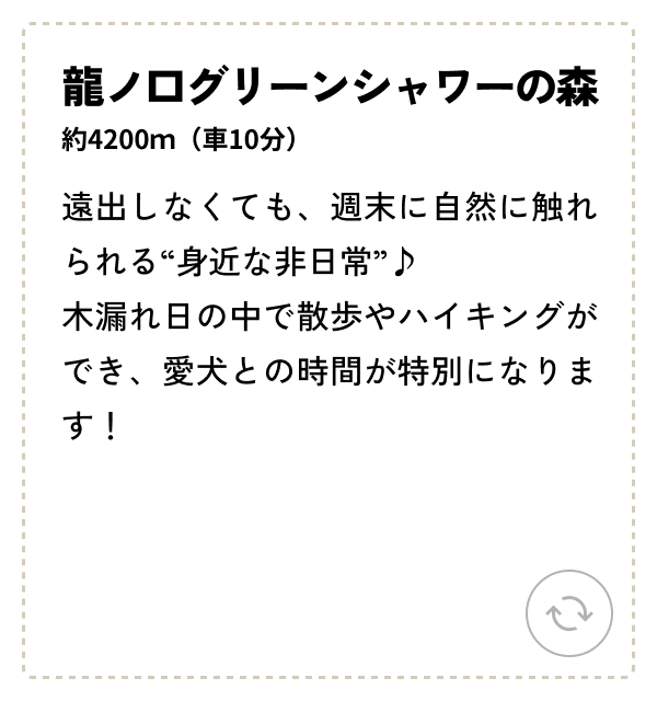 龍ノ口グリーンシャワーの森 約4200ｍ（車10分）遠出しなくても、週末に自然に触れられる“身近な非日常”♪木漏れ日の中で散歩やハイキングができ、愛犬との時間が特別になります！