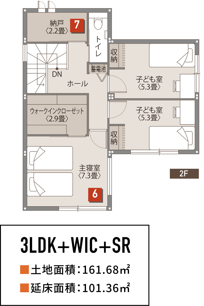 間取り 3LDK+WIC+SR 土地面積：161.68m² 延床面積：101.36m²