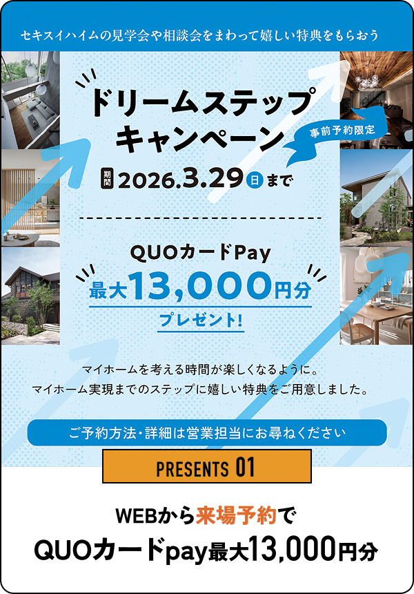 PRESENTS 01 WEBから来場予約でQUOカードpay最大13,000円分 セキスイハイムの見学会や相談会をまわって嬉しい特典をもらおう ドリームステップキャンペーン 2026.3.29(日)まで 事前予約限定 QUOカードPay 最大13,000円分プレゼント！ マイホームを考える時間が楽しくなるように、マイホーム実現までのステップに嬉しい特典をご用意しました。 ご予約方法・詳細は営業担当にお尋ねください。