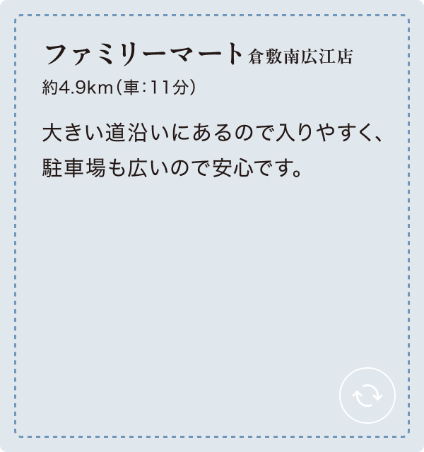 ファミリーマート 倉敷南広江店 約4.9km（車：11分） 大きい道沿いにあるので入りやすく、駐車場も広いので安心です。