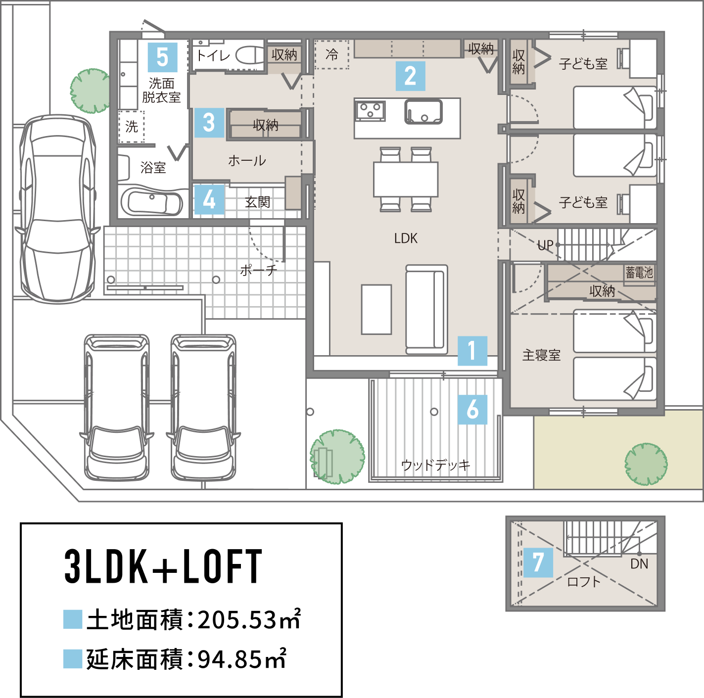 間取り:3LDK+LOFT 土地面積:205.53㎡ 延床面積:94.85㎡