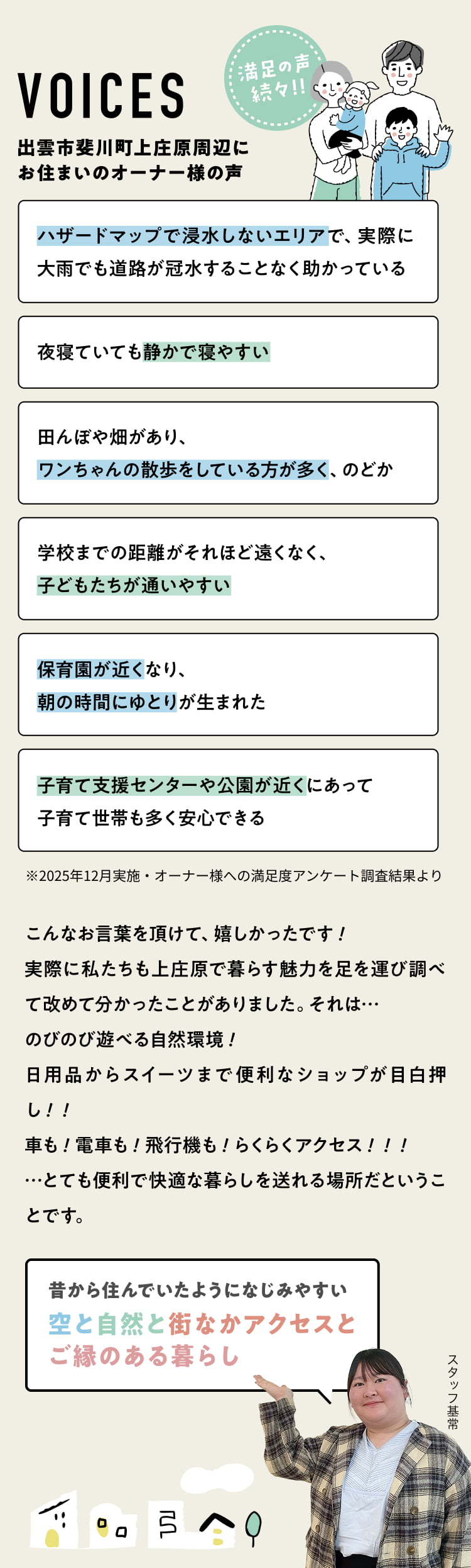 VOICES 満足の声 続々!! 出雲市斐川町上庄原周辺にお住まいのオーナー様の声 ハザードマップで浸水しないエリアで、実際に大雨でも道路が冠水することなく助かっている 夜寝ていても静かで寝やすい 田んぼや畑があり、ワンちゃんの散歩をしている方が多く、のどか 学校までの距離がそれほど遠くなく、子どもたちが通いやすい 保育園が近くなり、朝の時間にゆとりが生まれた 子育て支援センターや公園が近くにあって子育て世帯も多く安心できる ※2025年12月実施・オーナー様への満足度アンケート調査結果より こんなお言葉を頂けて、嬉しかったです！実際に私たちも上庄原で暮らす魅力を足を運び調べて改めて分かったことがありました。それは… のびのび遊べる自然環境！ 日用品からスイーツまで便利なショップが目白押し！！ 車も！電車も！飛行機も！らくらくアクセス！！！ …とても便利で快適な暮らしを送れる場所だということです。 昔から住んでいたようになじみやすい空と自然と街なかアクセスとご縁のある暮らし スタッフ基常