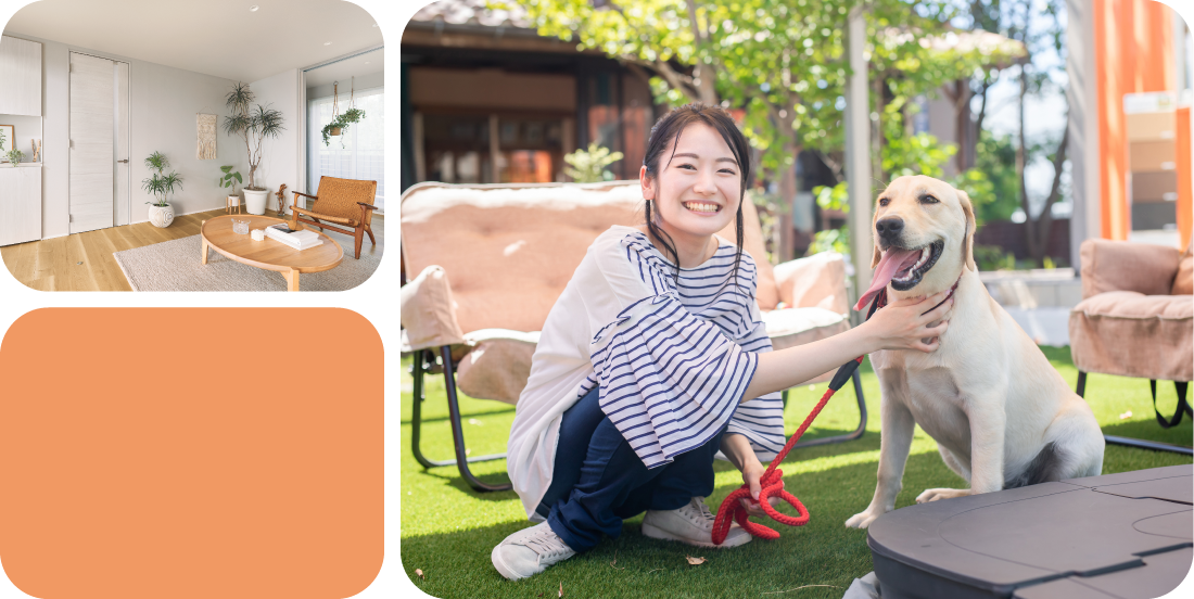 一人暮らしのイメージ写真3 ペットの犬を撫でて笑顔の女性