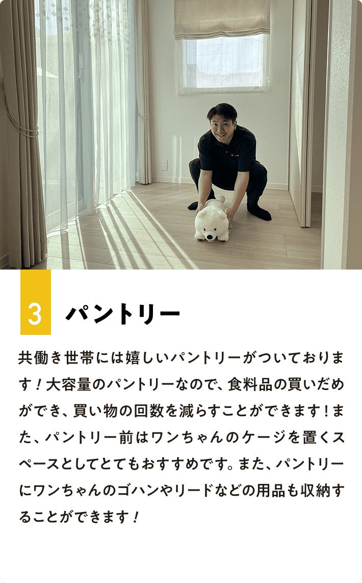 3.パントリー 共働き世帯には嬉しいパントリーがついております！大容量のパントリーなので、食料品の買いだめができ、買い物の回数を減らすことができます！また、パントリー前はワンちゃんのケージを置くスペースとしてとてもおすすめです。また、パントリーにワンちゃんのゴハンやリードなどの用品も収納することができます！