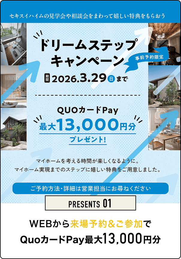 PRESENTS 01 WEBから来場予約でQUOカードpay最大13,000円分 セキスイハイムの見学会や相談会をまわって嬉しい特典をもらおう ドリームステップキャンペーン 2026.3.29(日)まで 事前予約限定 QUOカードPay 最大13,000円分プレゼント！ マイホームを考える時間が楽しくなるように、マイホーム実現までのステップに嬉しい特典をご用意しました。 ご予約方法・詳細は営業担当にお尋ねください。